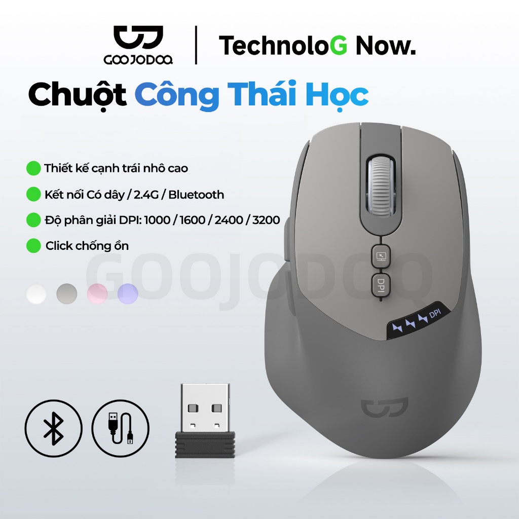 GOOJODOQ Chuột Công Thái Không Dây Bluetooth 2.4GHz Có Dây Tuổi Thọ Pin Dài Im…