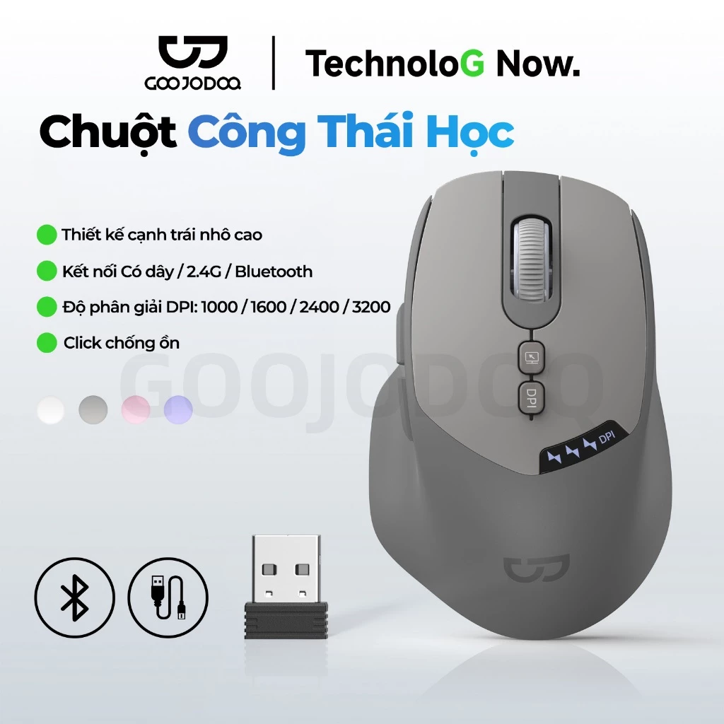 GOOJODOQ Chuột Công Thái Không Dây Bluetooth 2.4GHz Có Dây Tuổi Thọ Pin Dài Im Lặng Cho laptop Máy Tính Bảng