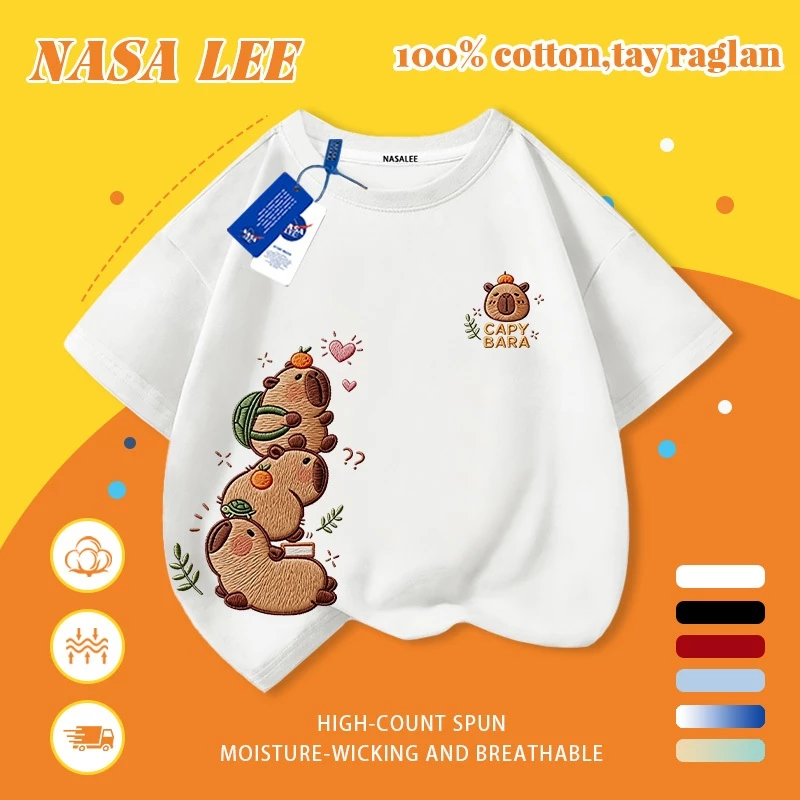 [Giao hàng trong ngày] Áo thun Cotton trắng nguyên chất thoáng khí cho trẻ em NASA thêu Kabibella hợp thời trang 3-16 tuổi Bé trai bé gái tay ngắn thông thường