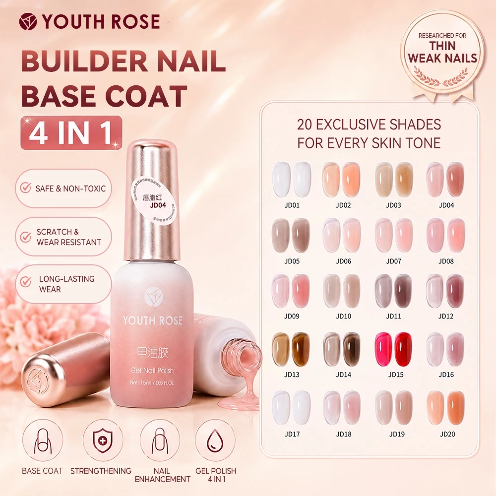 Youth Rose Gel xây dựng  4 trong 1 giúp tăng cường độ cong đẹp cho móng, làm lớp nền, gia cố bề mặt móng và sơn móng, hoàn thiện trong một chai duy nhất
