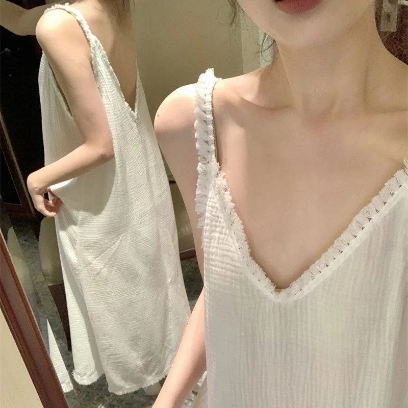 Váy ngủ hở lưng gợi cảm dành cho nữ tua rua cổ chữ V trang phục nhà dài vừa phải