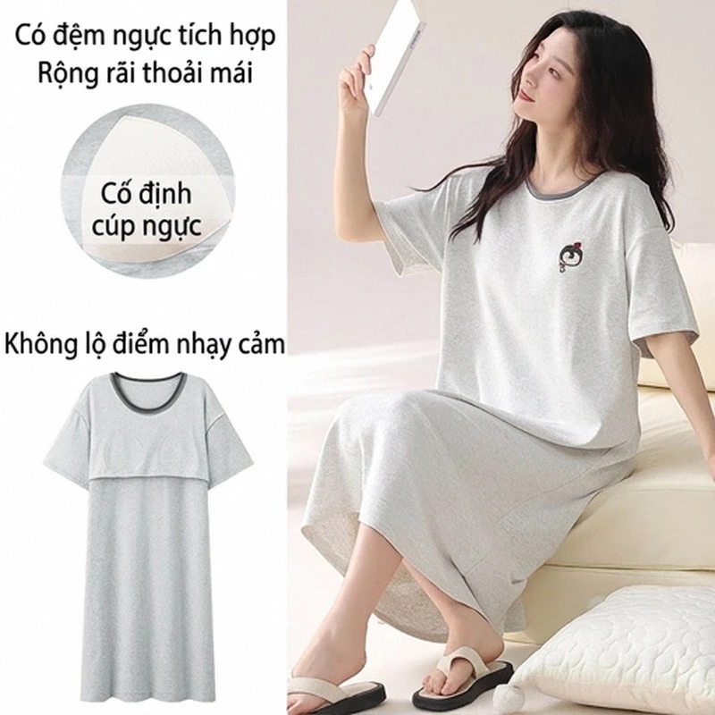 Đồ ngủ nữ🌸Váy ngủ🌸100%  cotton có mút ngực Mùa đồ ngủ dài Hè Thoáng Mát Hàn quốc Dễ thương cộc tay