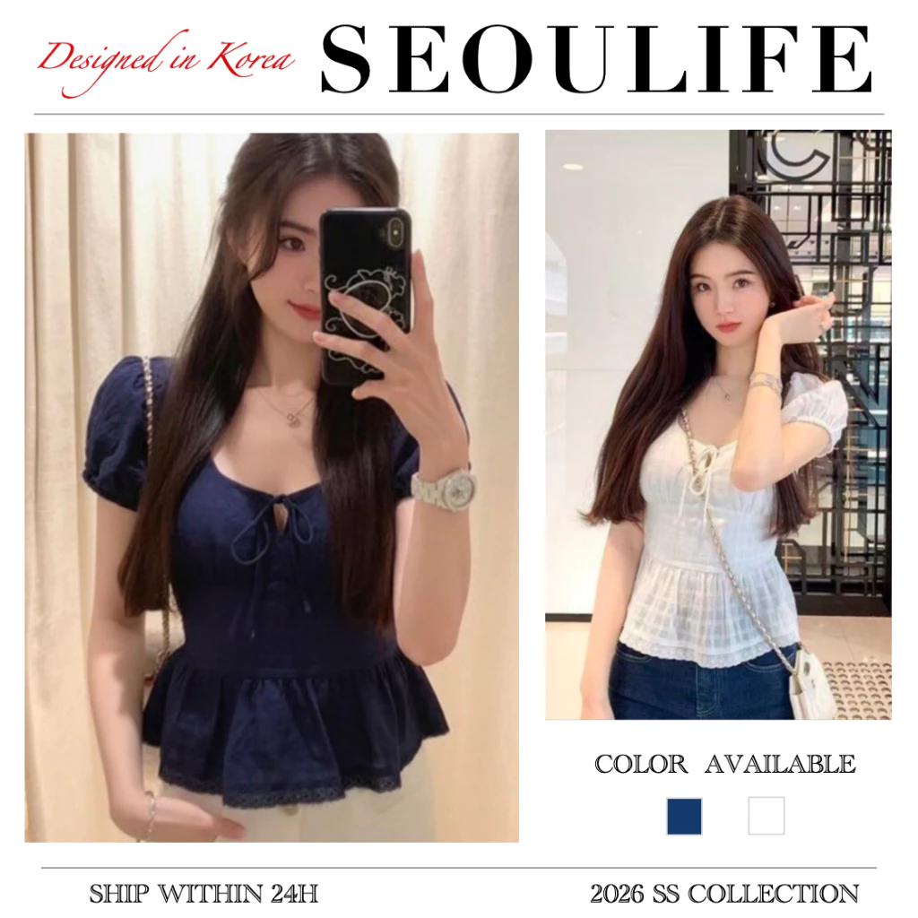 SEOULIFE | 2026 SS Phong Cách Hàn Quốc Babydoll Cổ Phồng Tay Áo Buộc Trước Cho Ngày Đi Học Slim Fit Đa Năng Màu Trắng, Xanh Navy