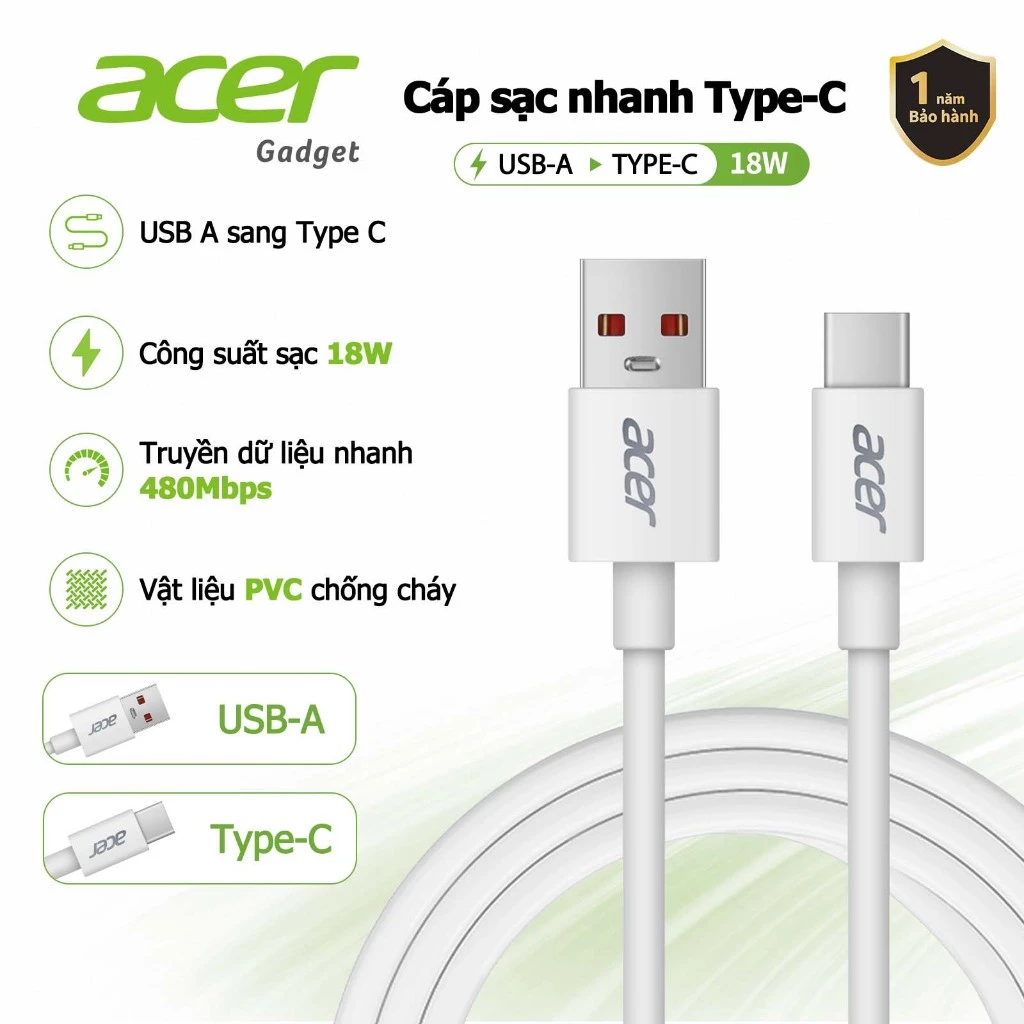 Acer Dây sạc Type C 20W cáp Silicone USB-A sang USB-C 480Mbps Tương thích với bộ sạc xe hơi, quạt nhỏ và các thiết bị điện tử UC0023