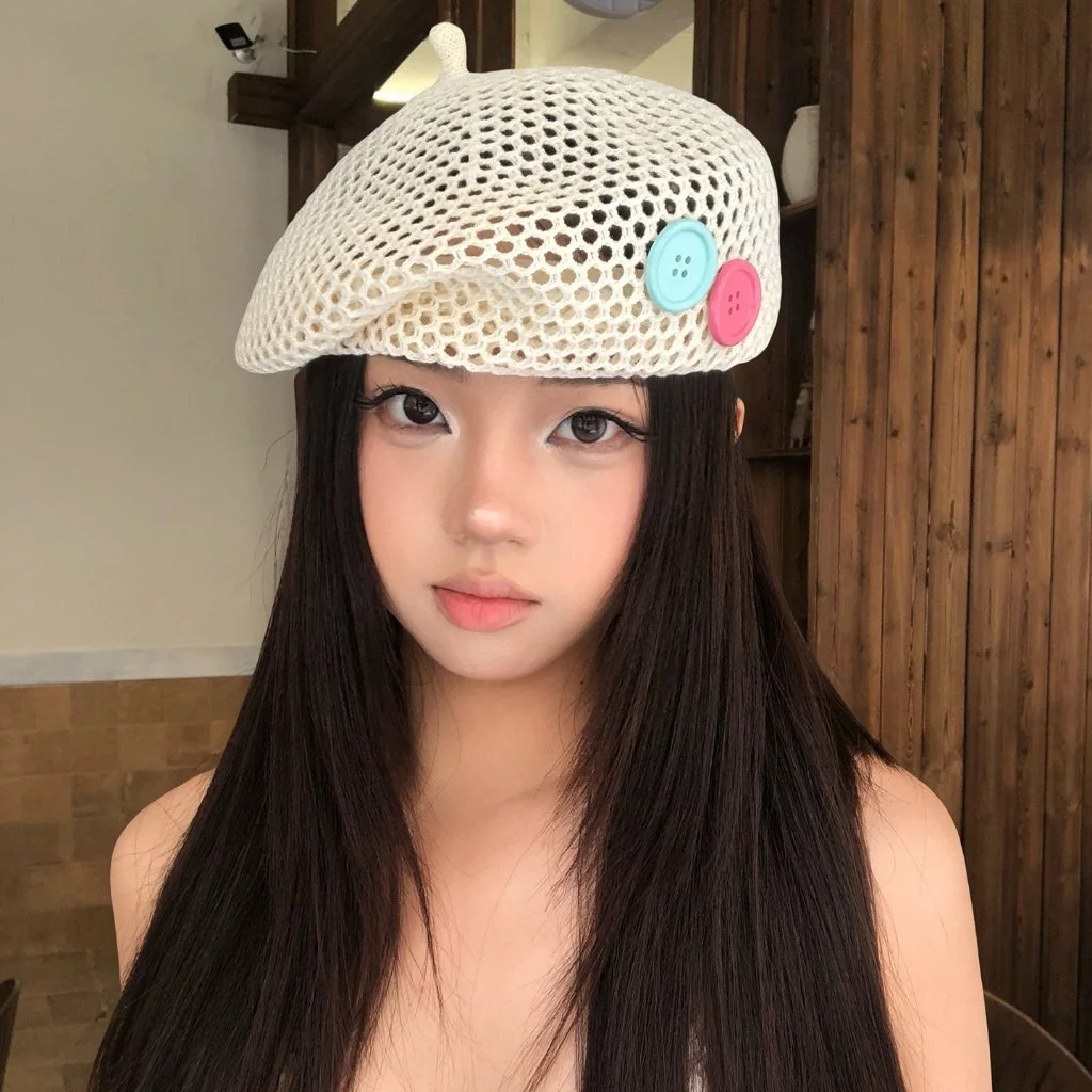 Phiên Bản Hàn Quốc Niche Rỗng Beret Nữ Mùa Hè Mỏng Phong Cách Thoáng Khí Họa Sĩ Mũ Nhỏ Nhiều Màu Sắc Nút Trang Trí Nón