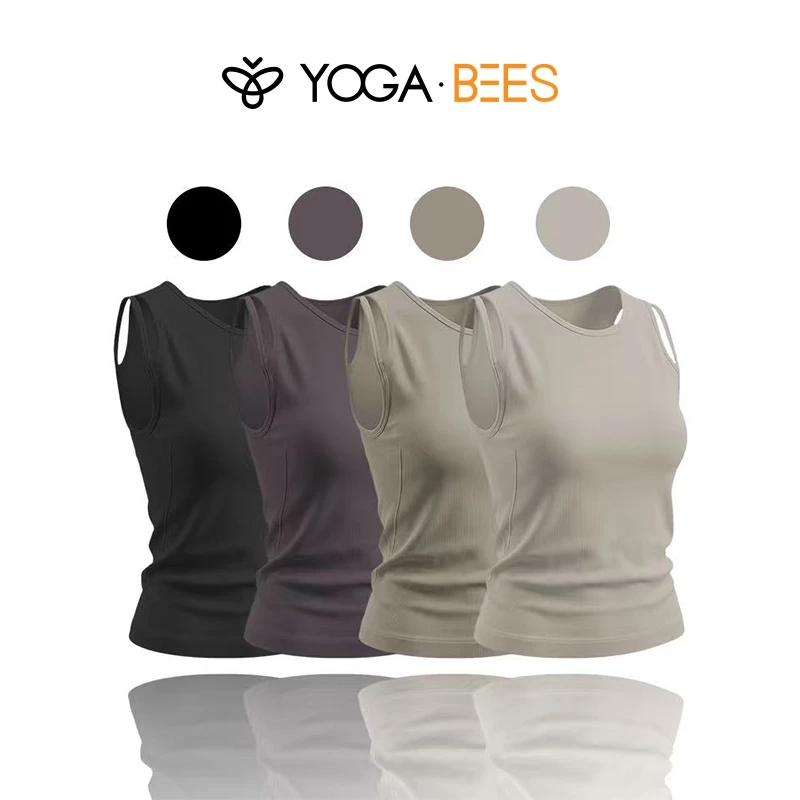 YOGA BEES Gân Cổ Tròn Dây Đeo Rộng Không Tay Tank Top Nữ Slim Fit Co Giãn Thoáng Khí Chạy Bộ Tập Gym Tập Luyện Lớp Áo Vest Thường Ngày 4 Màu Trung Tính