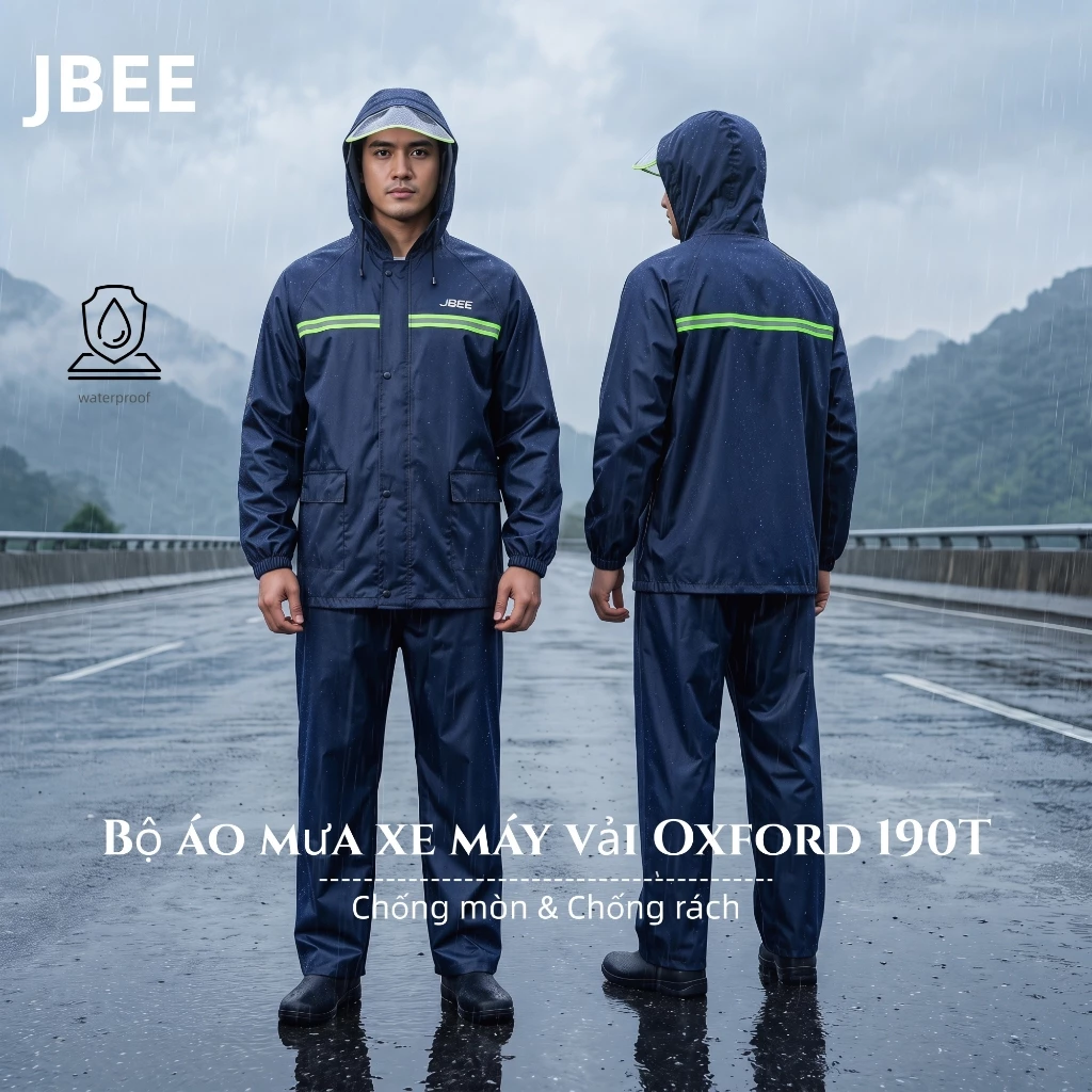 Bộ áo mưa xe máy bằng vải Oxford JBEE, Bộ đồ mưa chia đôi chống gió chống nước có sọc phản quang & nắp đôi, áo mưa bền nặng để đi xe máy