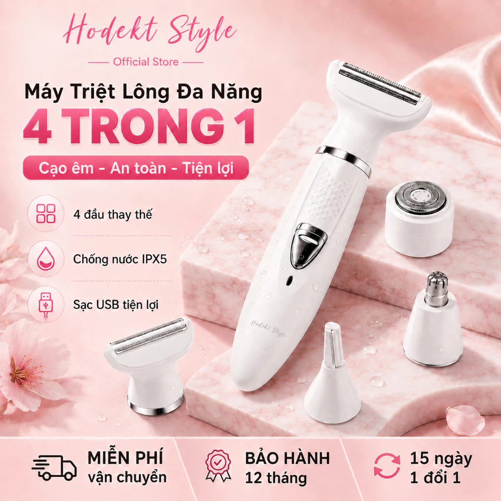 Máy Triệt Lông Đa Năng 4 Trong 1 HODEKT Chống Nước IPX5 Đèn LED Sạc Type-C Dùng Cho Toàn Thân