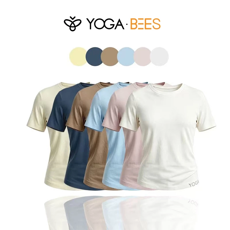 YOGA BEES Áo thun ngắn tay cổ tròn trơn tối giản Slim Nhẹ phù hợp với Yoga Thể thao hàng ngày Cơ bản hàng đầu
