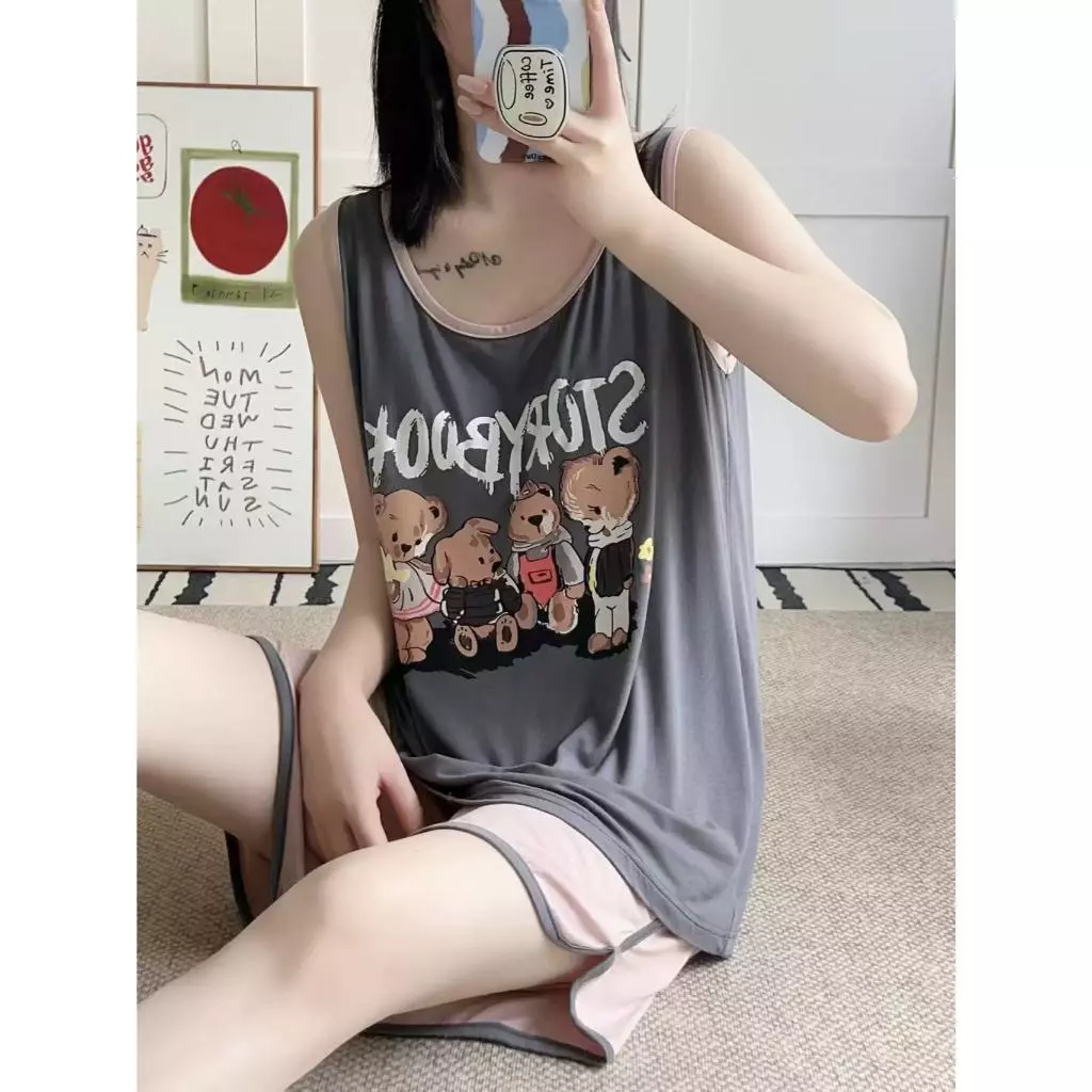 Bộ đồ ngủ mùa hè mát mẻ áo ba lỗ + quần đùi thể thao | Đồ mặc nhà phong cách thể thao thoải mái dành cho học sinh, sinh viên | Thời trang trẻ trung năng động