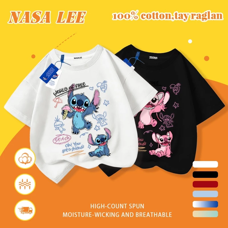 [Giao hàng trong ngày] Áo thun Cotton trắng nguyên chất thoáng khí cho trẻ em NASA Phim hoạt hình Koala Stitch In hợp thời trang 3-16 tuổi Bé trai bé gái tay ngắn thông thường
