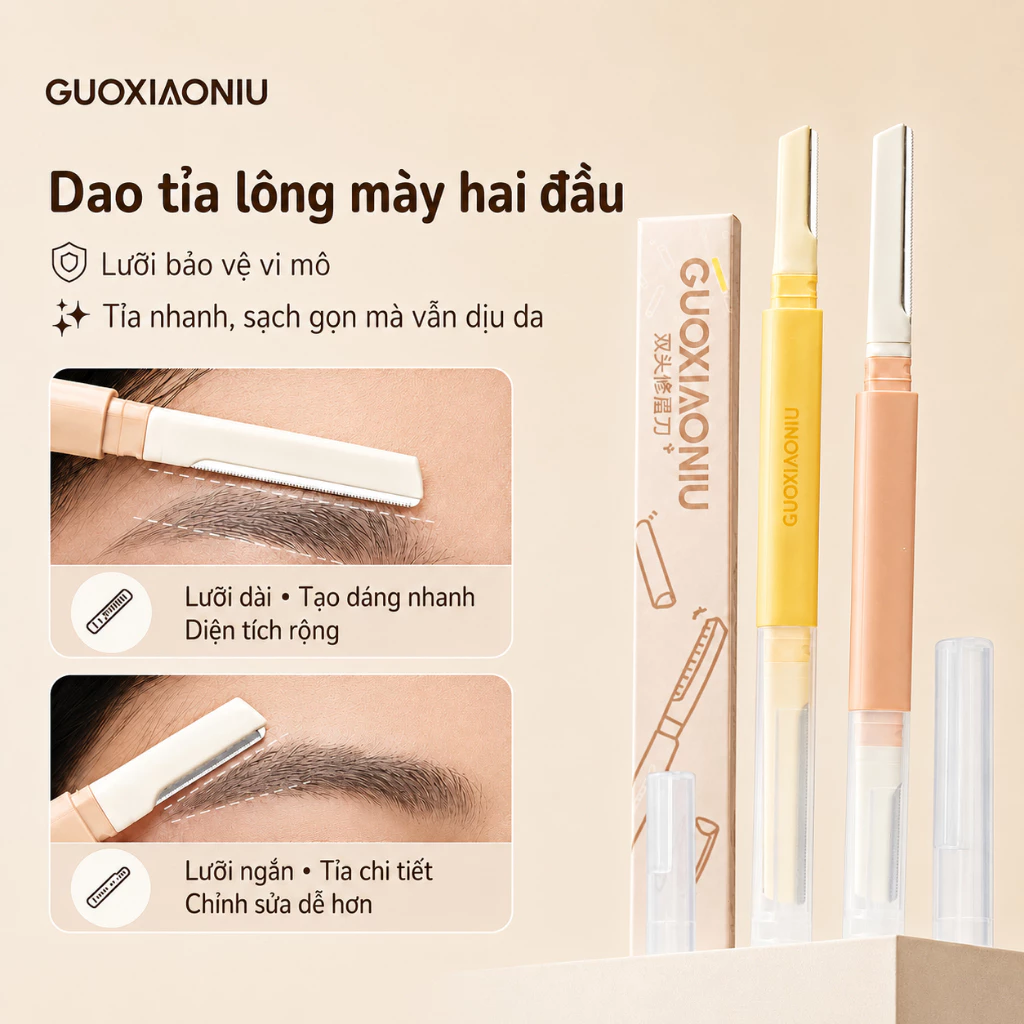 Dao Tỉa Lông Mày 2 Đầu GUOXIAONIU Lưỡi Siêu Mỏng Có Lưới Bảo Vệ Tỉa Gọn Chân Mày Không Trầy Xước Dễ Dùng Cho Người Mới
