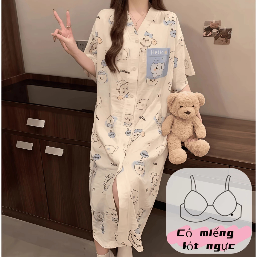 Váy ngủ dáng dài cổ chữ V form rộng, chất liệu bông mây cao cấp có hàng khuy - Phong cách tối giản sang trọng