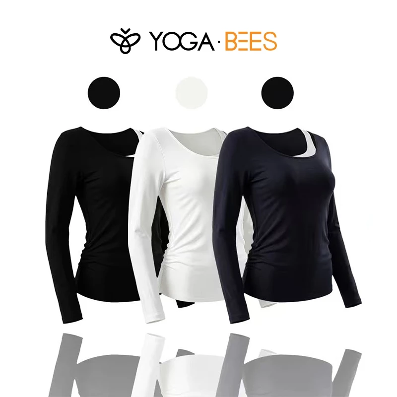 YOGA BEES Không Đều Bất Đối Xứng Cutout Dài Tay Áo Nữ Cổ Chữ U Bên Ruched Mỏng Co Giãn Thoáng Khí Chạy Tập Yoga Tập Gym Tập Luyện Lớp Đế Áo Sơ Mi 3 Màu
