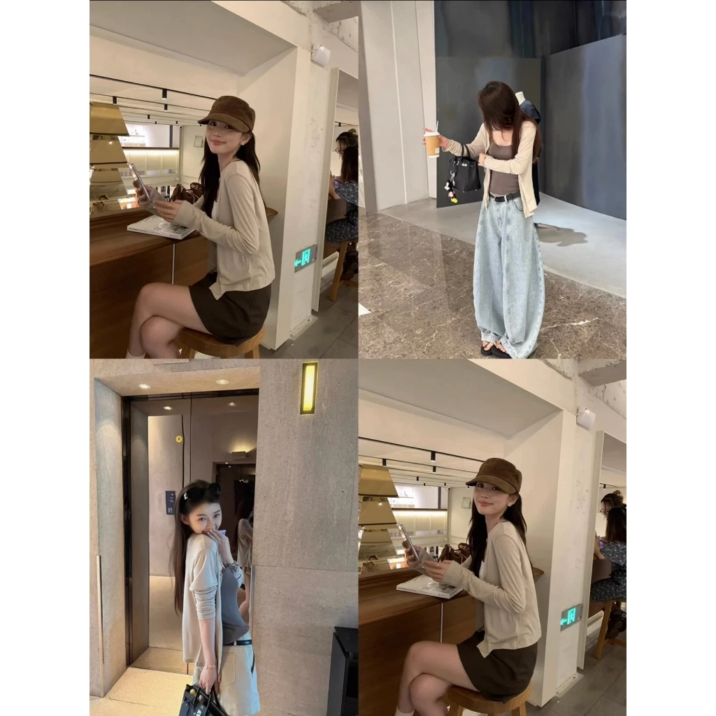 [Seeyou studio] Áo len đan nhẹ cho mùa hè, chống nắng đa năng, tay dài dáng rộng dáng rộng màu trơn với thiết kế độc đáo & Vibe563 thanh lịch