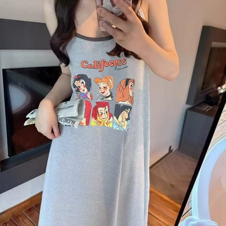 Đầm ngủ nữ mùa hè mới - Chất liệu cotton mềm mại - In hình hoạt hình dễ thương - Dáng rộng thoải mái - Size lớn (plus size) - Dây treo ngọt ngào - Có thể mặc ở nhà hoặc đi chơi