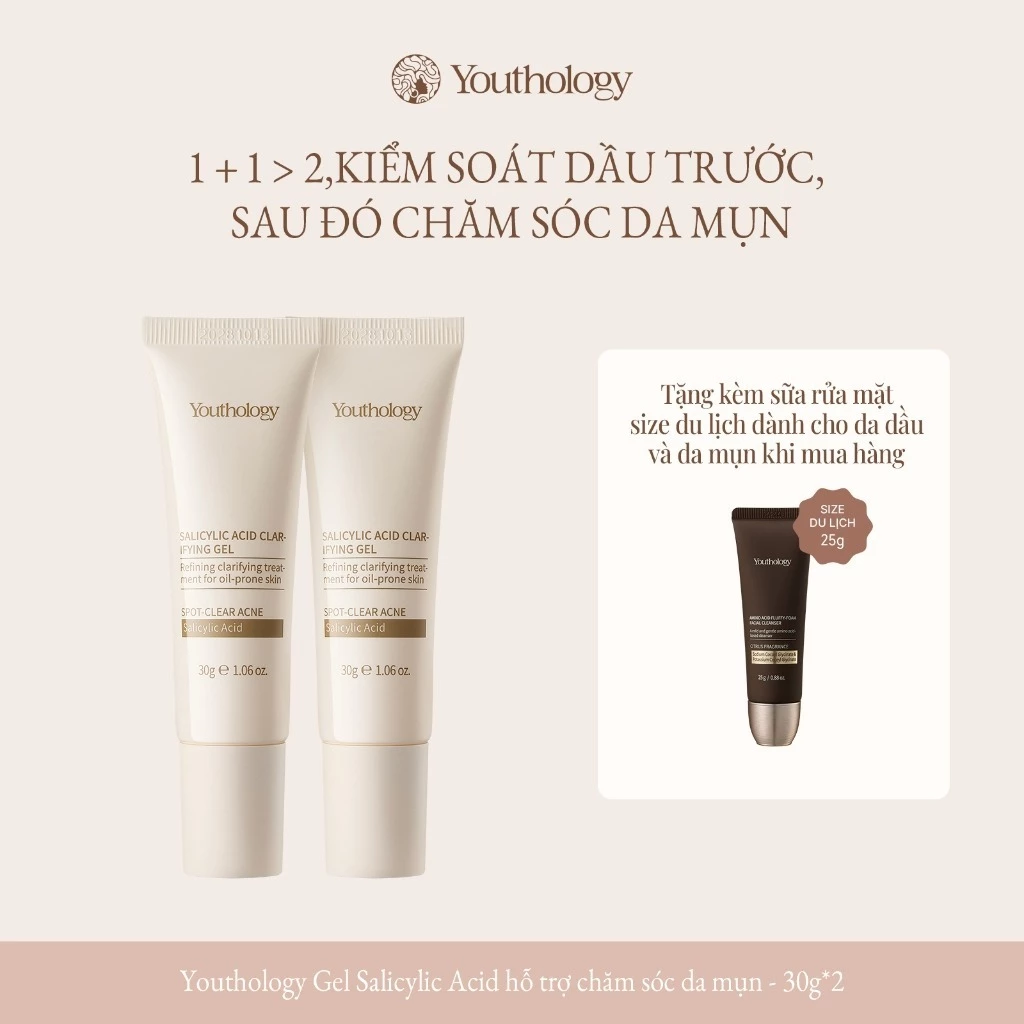 Youthology Gel Chấm Mụn Salicylic Acid 30g x2 - Giảm Mụn Viêm, Mụn Ẩn, Làm Sạch Lỗ Chân Lông + Tặng Sữa Rửa Mặt Amino Acid Mini