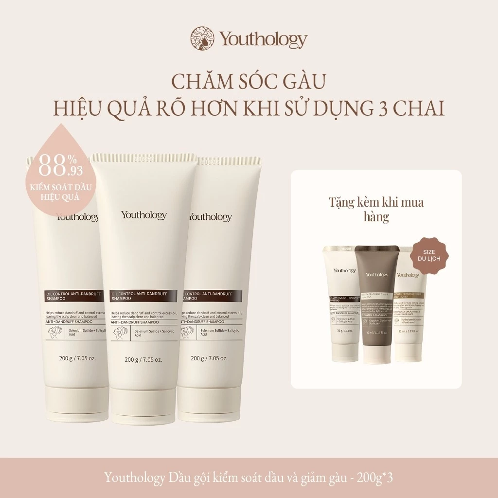 Youthology Dầu gội kiểm soát dầu và giảm gàu 200g*3, Chăm sóc gàu, Kết quả tốt hơn với 3 chai Quà tặng miễn phí khi mua hàng