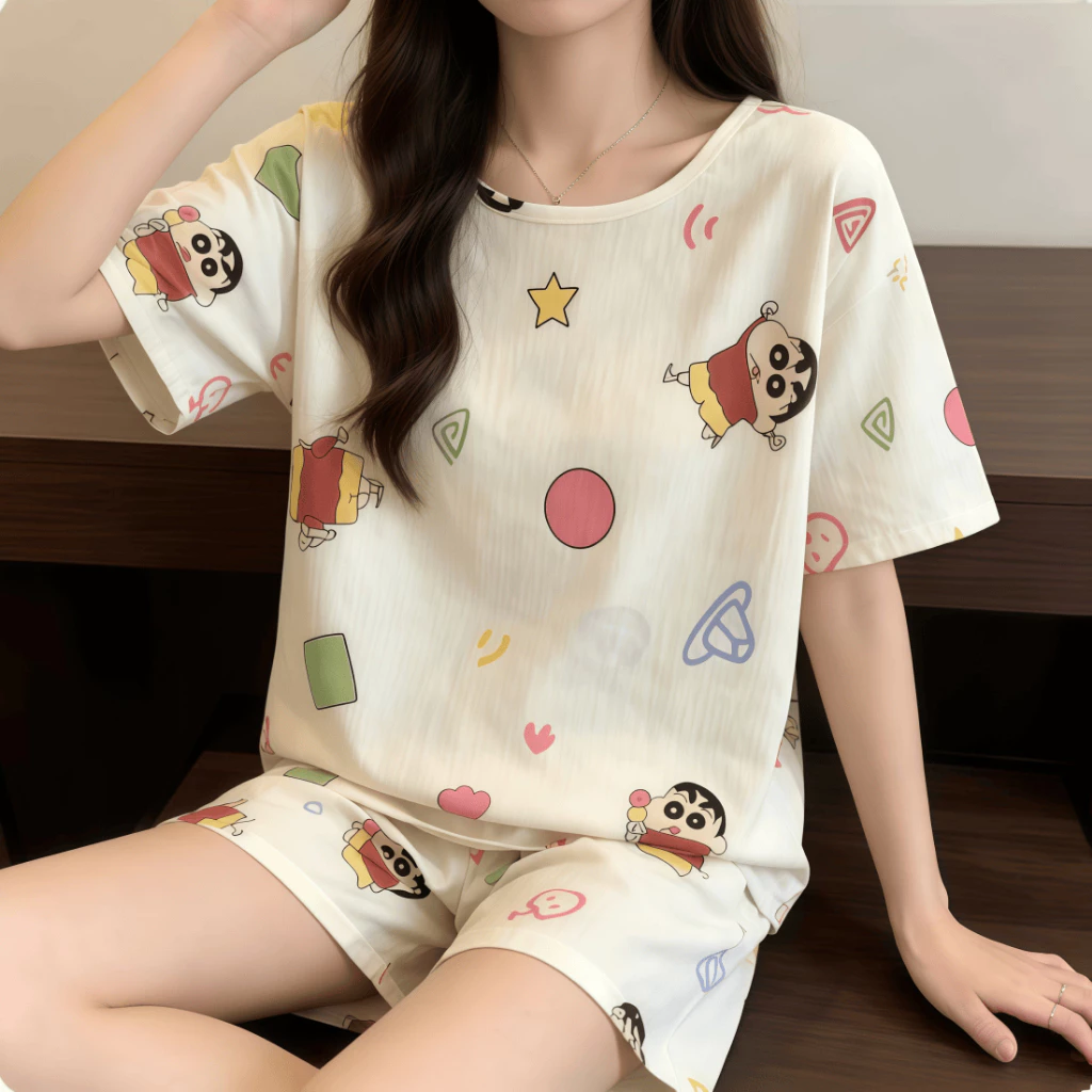 【Bông 100%】Bộ đồ ngủ mùa hè mỏng nhẹ – Cổ tròn rộng rãi thoải mái – Áo tay ngắn + quần short – Giá tốt – Đồ mặc nhà / đồ ngủ nữ