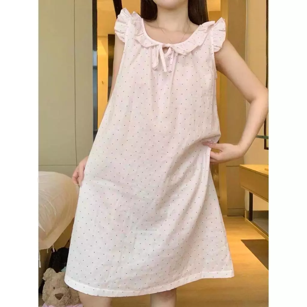 【Cotton nguyên chất mềm mại】Đầm ngủ dài dáng A mùa hè mới nhất - Màu hồng nhạt họa tiết chấm bi - Cổ búp bê viền ren xinh xắn - Phong cách ngọt ngào, trẻ trung - Đồ mặc nhà cho nữ sinh