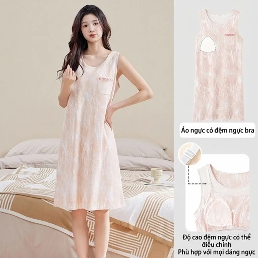 Bộ Đồ Ngủ Cotton có miếng lót ngực, phù hợp cho mùa hè, váy ngủ áo vest cổ tròn mỏng, ngọt ngào thoáng mát