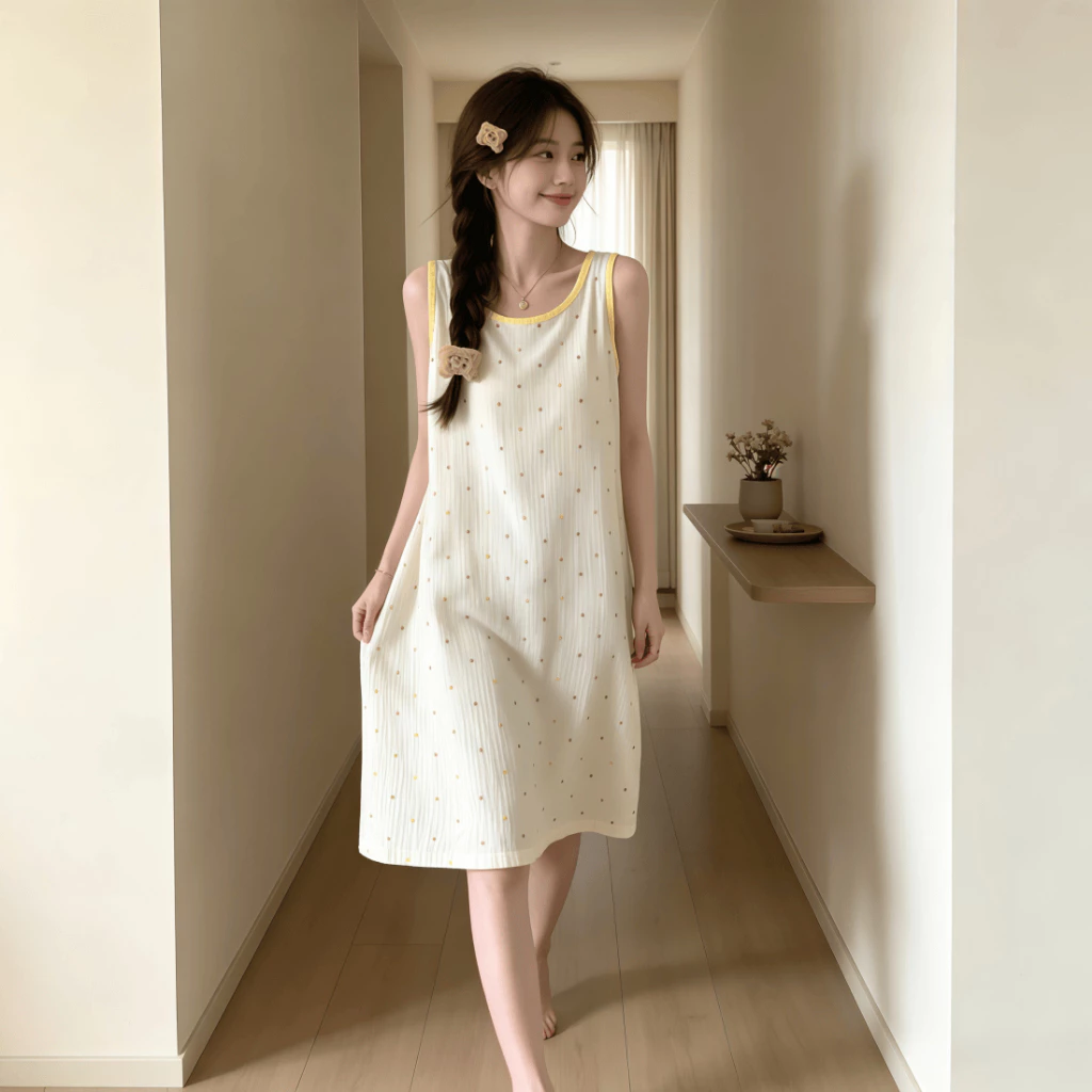 【Bản có độn ngực】Đầm ngủ nữ phong cách Nhật Bản dễ thương mới thu xuân 2026: Áo dây quai / ba lơ cotton mát, in / màu trơn đơn giản, ngọt ngào【mặc nhà hay dạo phố đều đẹp】