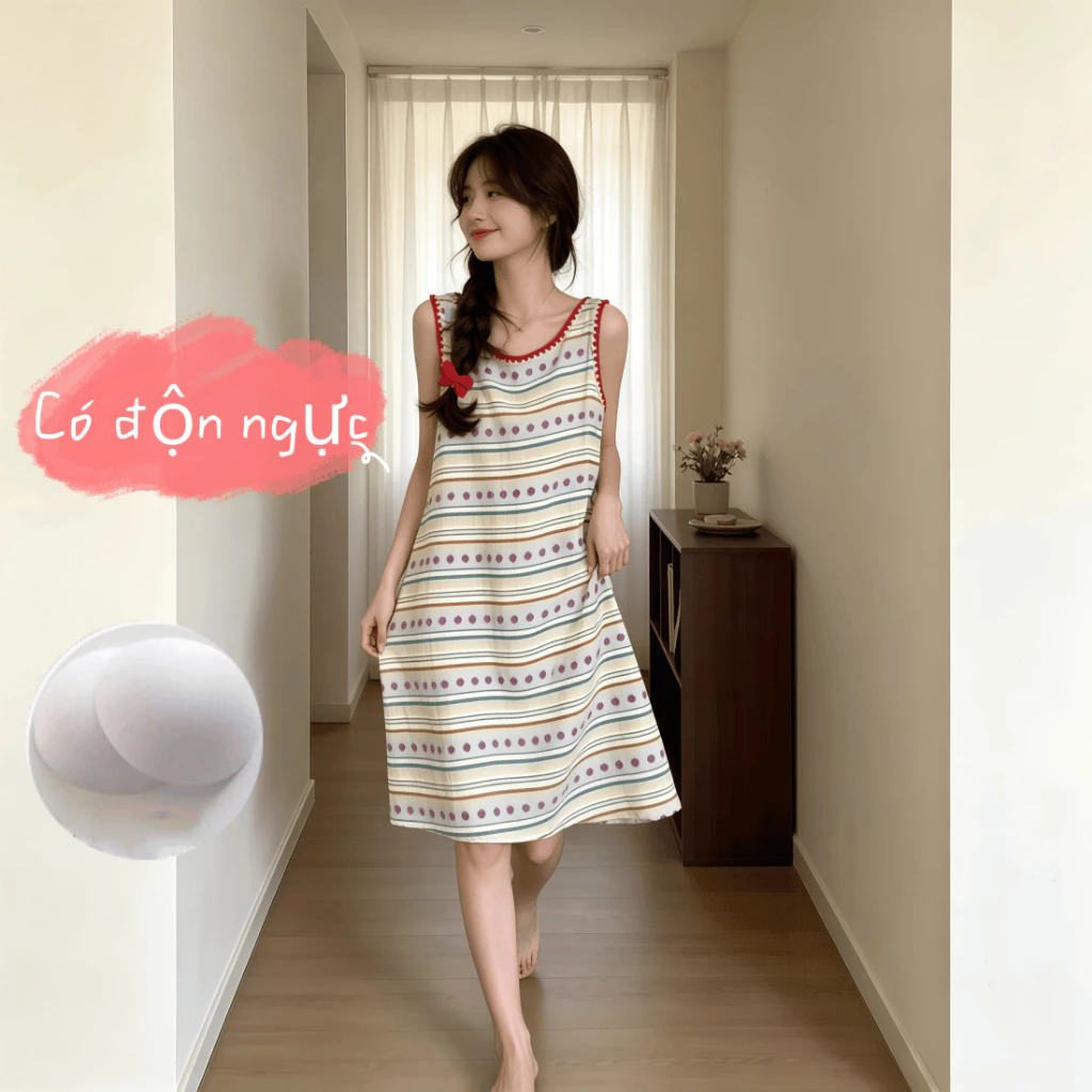 Đầm ngủ nữ mới xuân hè 2026: Cổ tròn tay ngắn cotton mềm mại mỏng nhẹ, in họa tiết hoa xinh xắn, viền ren tinh tế【mặc nhà hay đi chơi đều xinh】