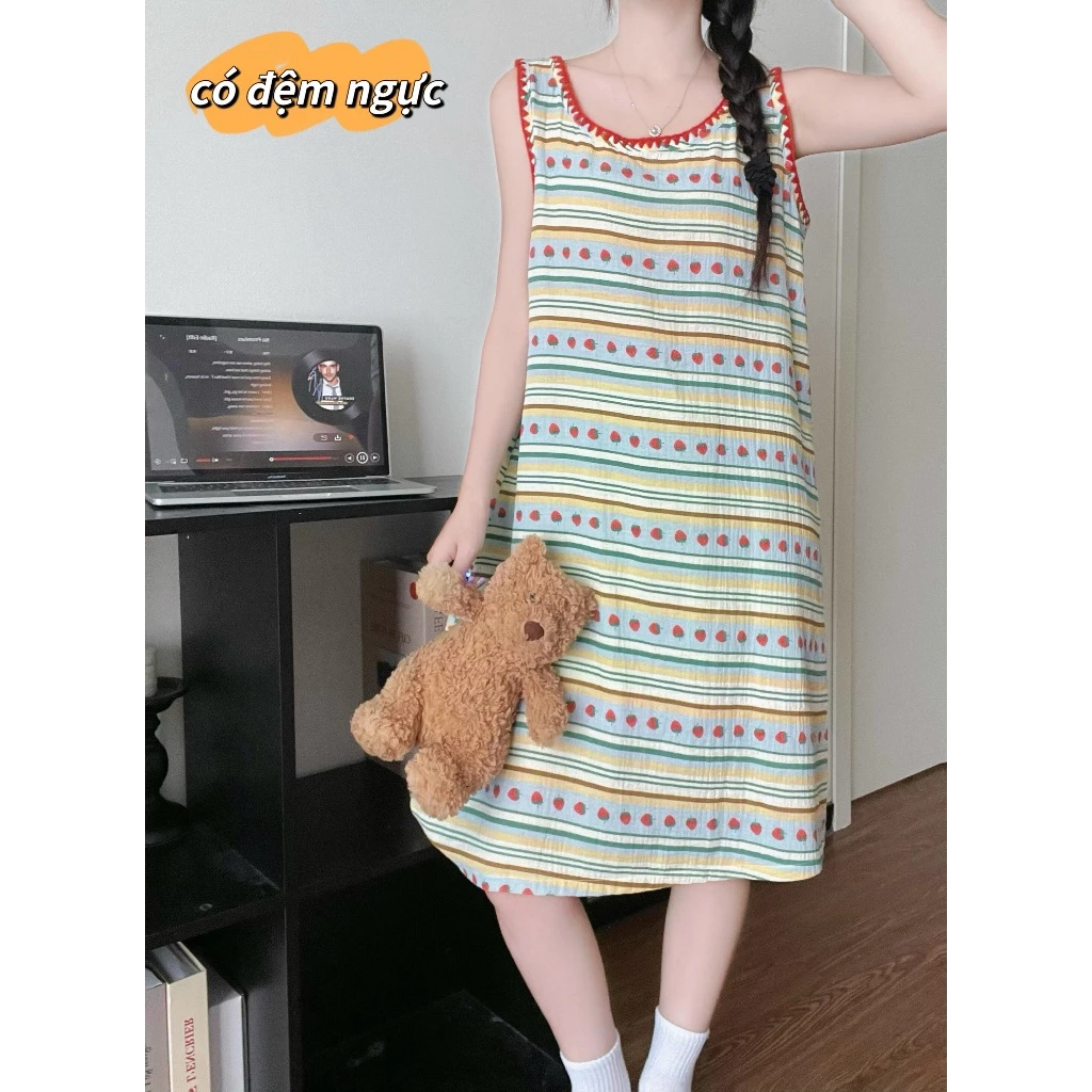 【Thanh lý】【Cotton nguyên chất có mút ngực】Đầm ngủ dài dáng A mùa hè mới nhất - Không tay họa tiết chấm bi và sọc ngọt ngào - Phong cách nữ sinh dễ thương - Đồ mặc nhà mát mẻ, thoáng khí