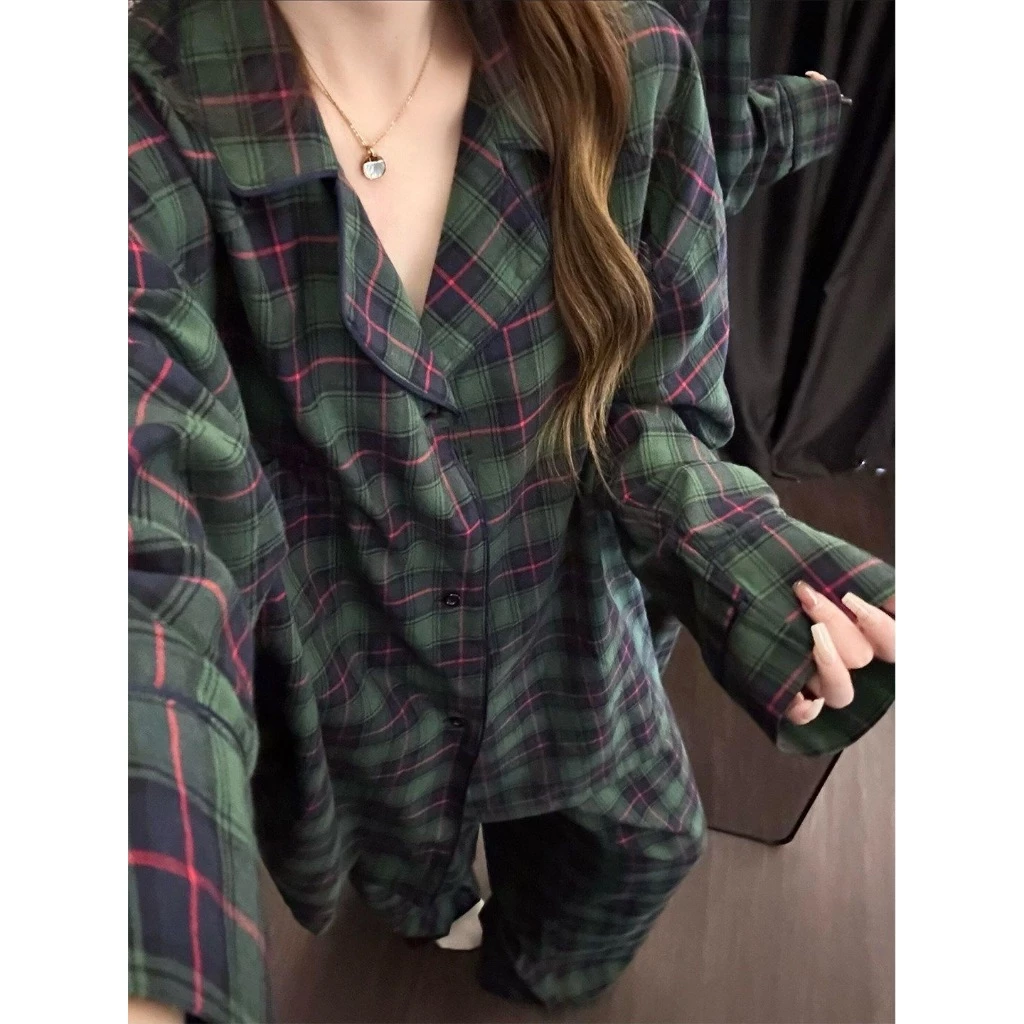Bộ đồ ngủ dài tay ca rô dành cho nữ cardigan dáng rộng tại nhà