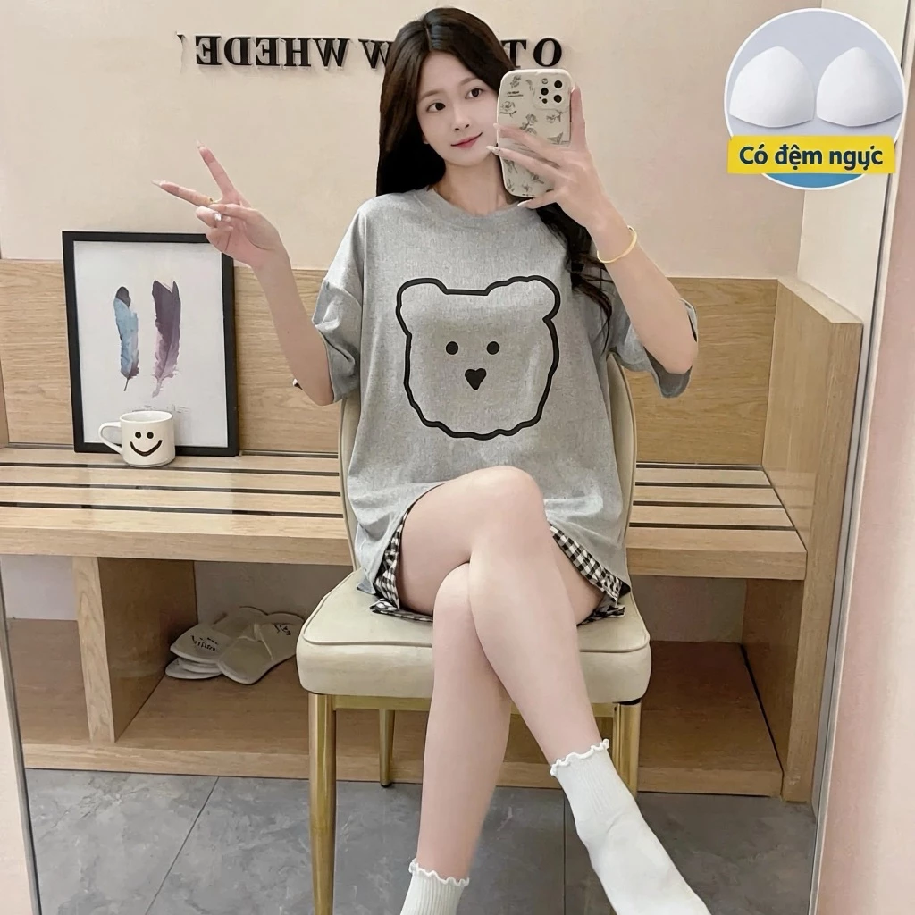 Set đồ ngủ nữ mùa hè có miếng độn ngực, chất mát mịn, in hình gấu dễ thương phong cách Nhật, áo ngắn tay, size lớn đa dạng, mặc nhà thoải mái, hàng mới về giá tốt.