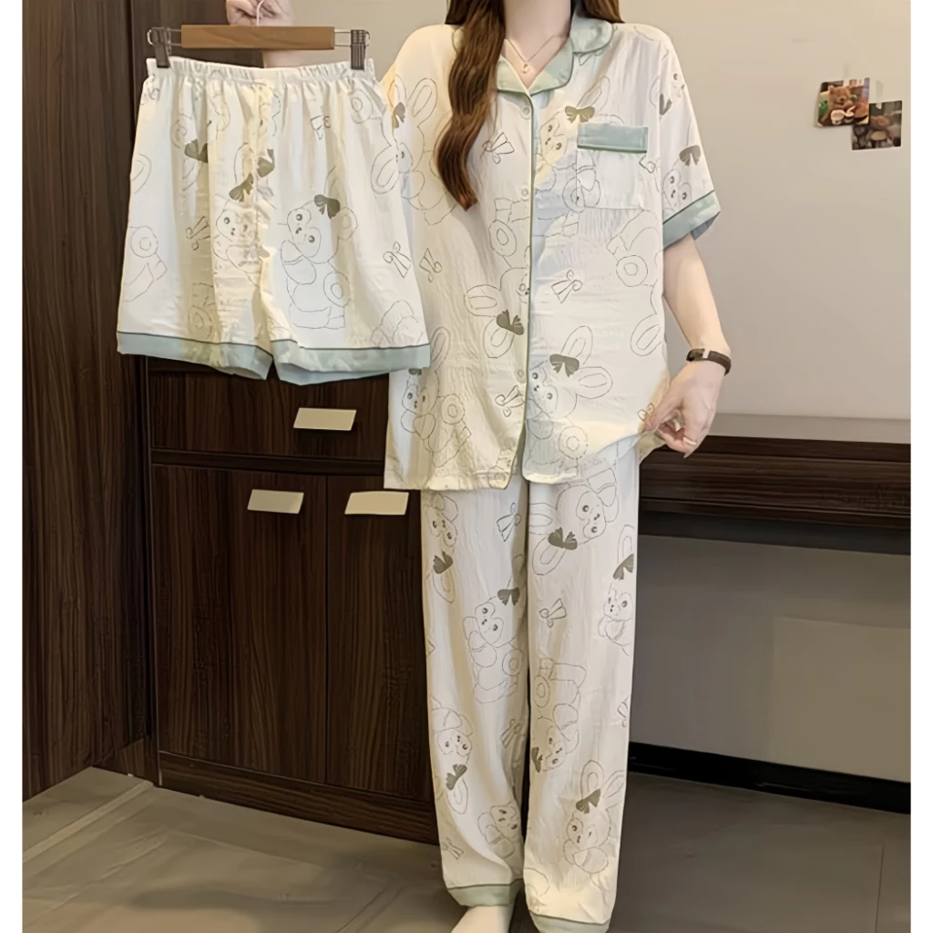 Bộ đồ ngủ 3 mảnh xuân hè 2026, cotton mây mềm xốp, dễ thương Hàn, áo thun sọc + quần short + dài, mặc nhà hay phố, mát không bí
