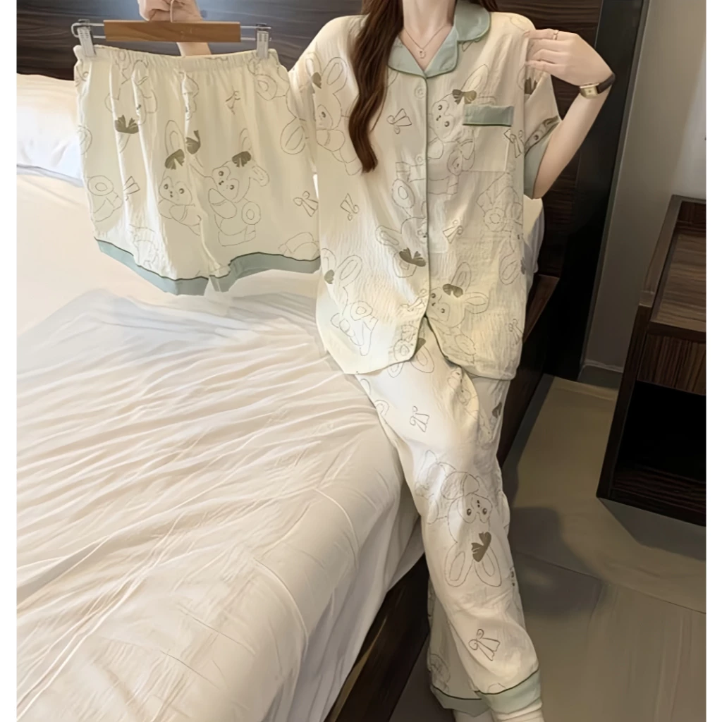 Bộ đồ ngủ 3 mảnh xuân hè 2026, cotton mây mềm xốp, dễ thương Hàn Quốc, áo thun sọc ngang + quần short + dài, mặc nhà hay phố đều đẹp, vải mát không bí