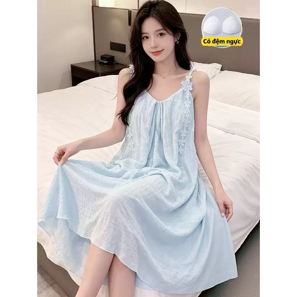 【Có độn ngực】Đầm ngủ nữ dễ thương mới hè 2026: Áo ngủ cotton mát màu trơn, có viền ren tinh tế ngọt ngào, kiểu dáng đơn giản nhưng sang trọng【mặc nhà hay dạo phố đều xinh】