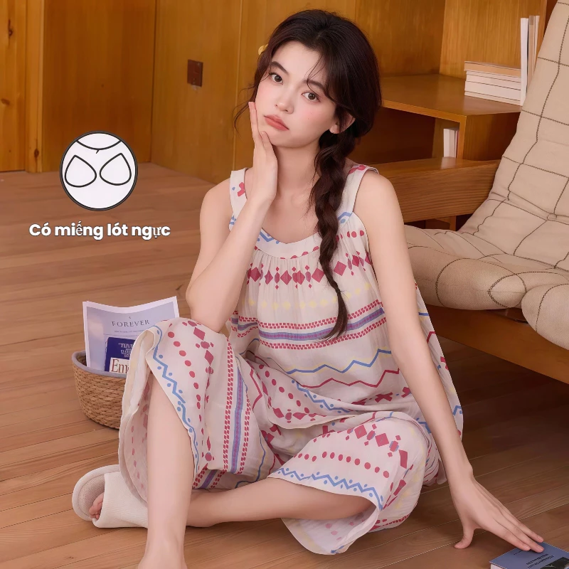 Bộ đồ ngủ mùa hè 2026, áo dây treo có ngực + quần 7 phần, cotton mây mềm xốp dễ thương, dáng rộng phù hợp người mập, mặc nhà mát mịn thoải mái