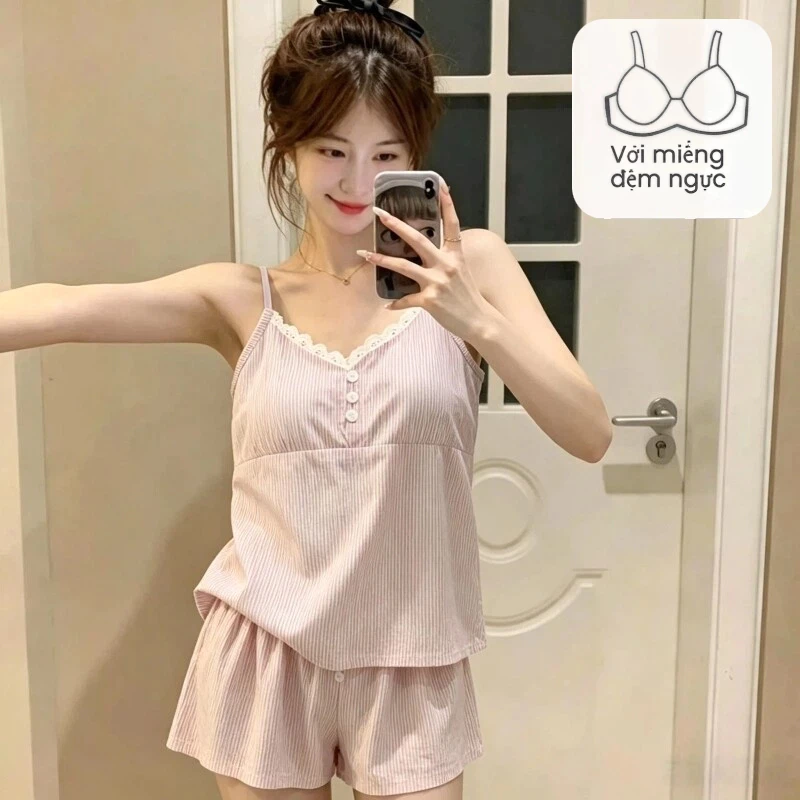 Phong Cách Hàn Quốc Ngọt Ngào Sọc Sling Bộ Đồ Ngủ Nữ Mùa Hè 2026 Phong Cách Mới Có Miếng Lót Ngực Có Thể Mặc Bên Ngoài Bé Gái Nhà Quần Áo