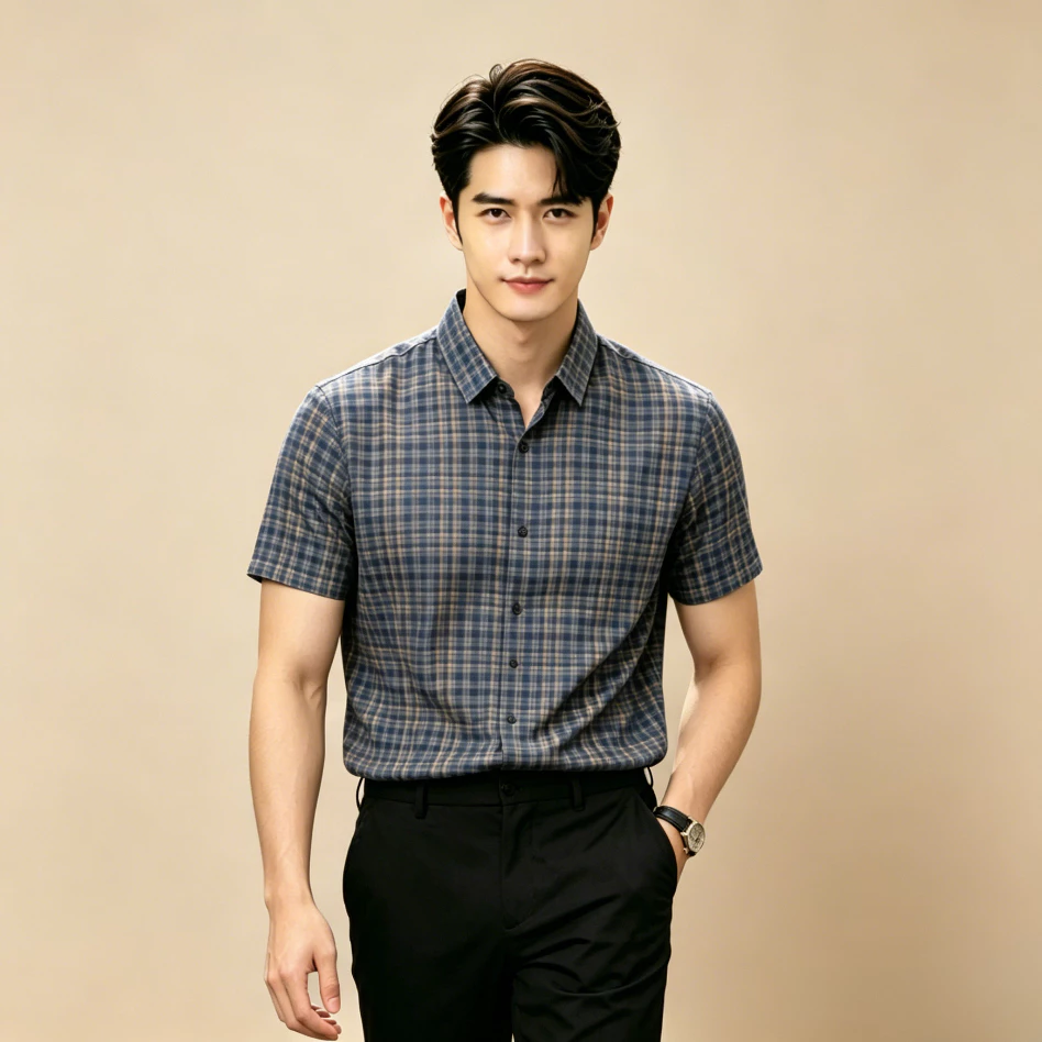 Thư Giãn Áo Sơ Mi Ice Silk Họa Tiết Tay Ngắn Hộp Lạnh Thoáng Khí Nhanh Khô Chống Nhăn Cổ NútThông Thường Kinh Doanh Wintage Phong Cách