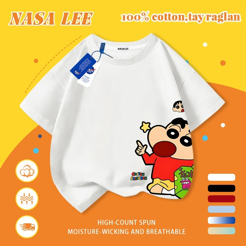 [Giao hàng trong ngày] Áo thun Cotton trắng nguyên chất thoáng khí cho trẻ em NASA Phim hoạt hình Crayon Shin-Chan In hợp thời trang 3-16 tuổi Bé trai bé gái tay ngắn thông thường 3