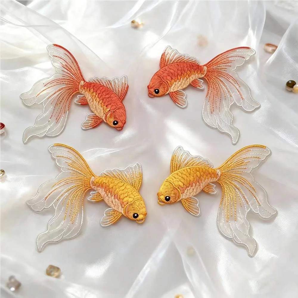 1 Cặp Miếng Dán Thêu Cá Vàng Đỏ / Xanh / Tím, Đuôi Trong Suốt Ren Cá Koi Cá Tulle Đính Cho DIY Sắt Trên Táo Trang Trí