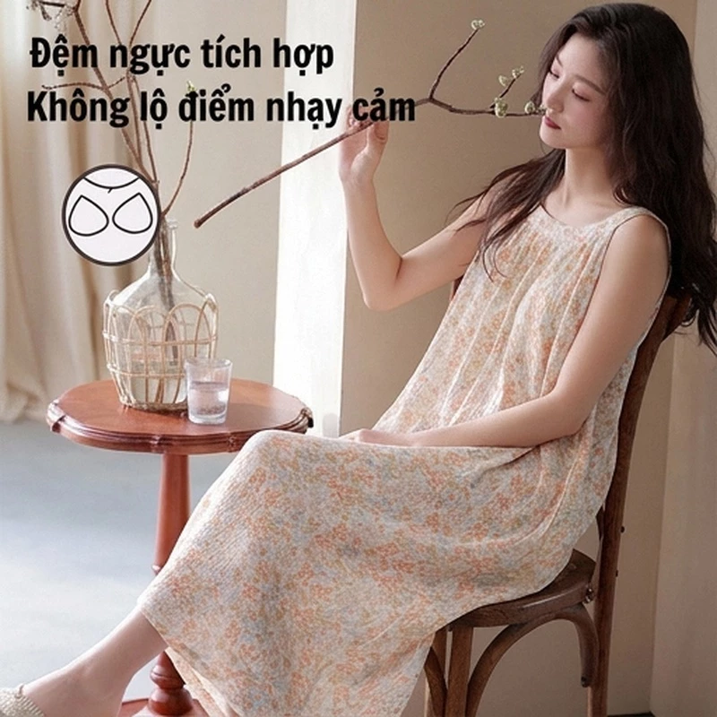 Bộ Đồ Ngủ Có Miếng Lót Ngực Bộ Đồ Ngủ Nữ Nữ Homewear Váy Dài Sling  Mây Cotton Váy Ngủ Đầm Mỏng