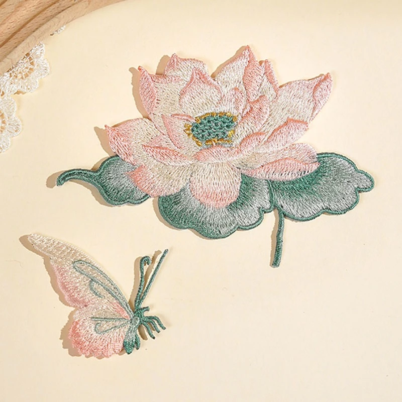 1 Cặp Hoa Sen Bướm Thêu Miếng Dán, Màu Hồng Gradient Nước Lily Lá Táo Cho DIY Sắt-on Trang Trí