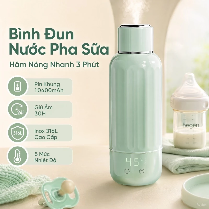 Bình pha sữa di động cầm tay 500ml MODONG, bình đun nước nóng không dây, 5 cấp nhiệt, pin lớn 10400mAh, đun nhanh 3 phút, khử trùng nước cho bé đi du lịch