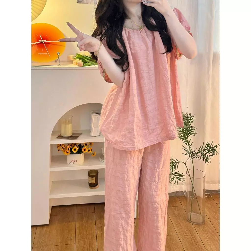 【Cotton 100%】Bộ đồ ngủ nữ mùa hè – Tay ngắn + quần đùi – Tay bồng xinh xắn – Cổ tròn – Màu hồng ngọt ngào – Chất mỏng mát – Phong cách dễ thương