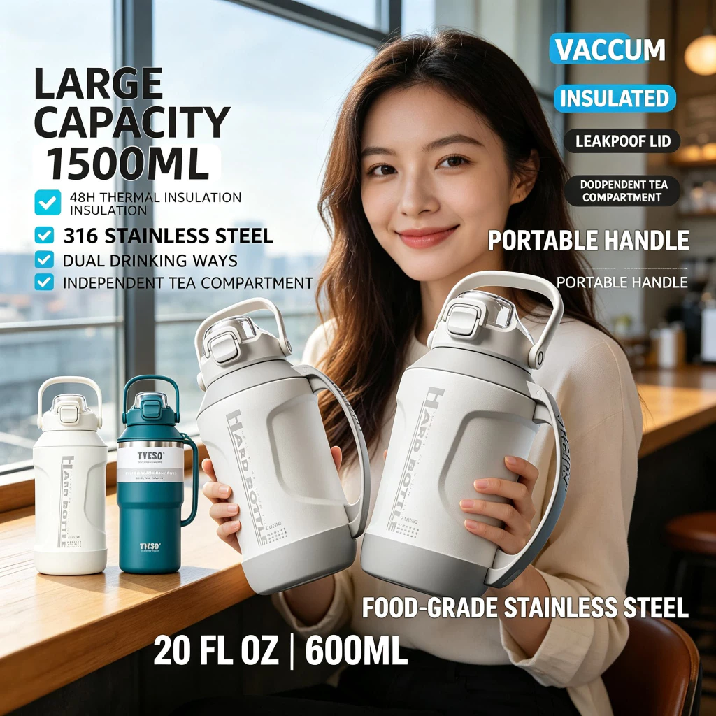 Bình giữ nhiệt dung tích lớn 1500 Ml, Cốc giữ nhiệt siêu to khổng lồ kèm ống hút và tay cầm, Cốc giữ nhiệt nóng và lạnh, Bình giữ nhiệt cỡ lớn đựng nước nóng, Cốc giữ nhiệt inox 31