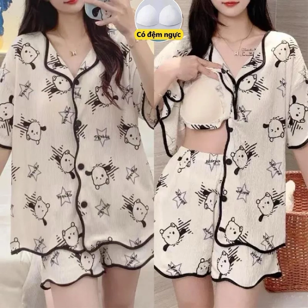 【HOT SALE】Bộ đồ ngủ nữ mùa hè cổ bẻ có mút ngực - Chất cotton sạch, thoáng mát, khô nhanh, tay ngắn + quần short, mặc nhà siêu êm - Bản nâng cấp mới - Hàng có sẵn, ship liền
