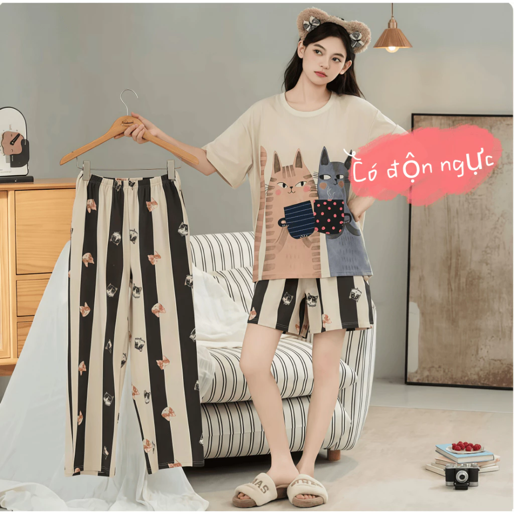 【Có độn ngực】Bộ đồ ngủ nữ 3 món mới 2026: Áo cổ tròn tay ngắn cotton mát + quần đùi + quần dài, in họa tiết hoạt hình dễ thương ngọt ngào【mặc nhà hay đi chơi đều được】