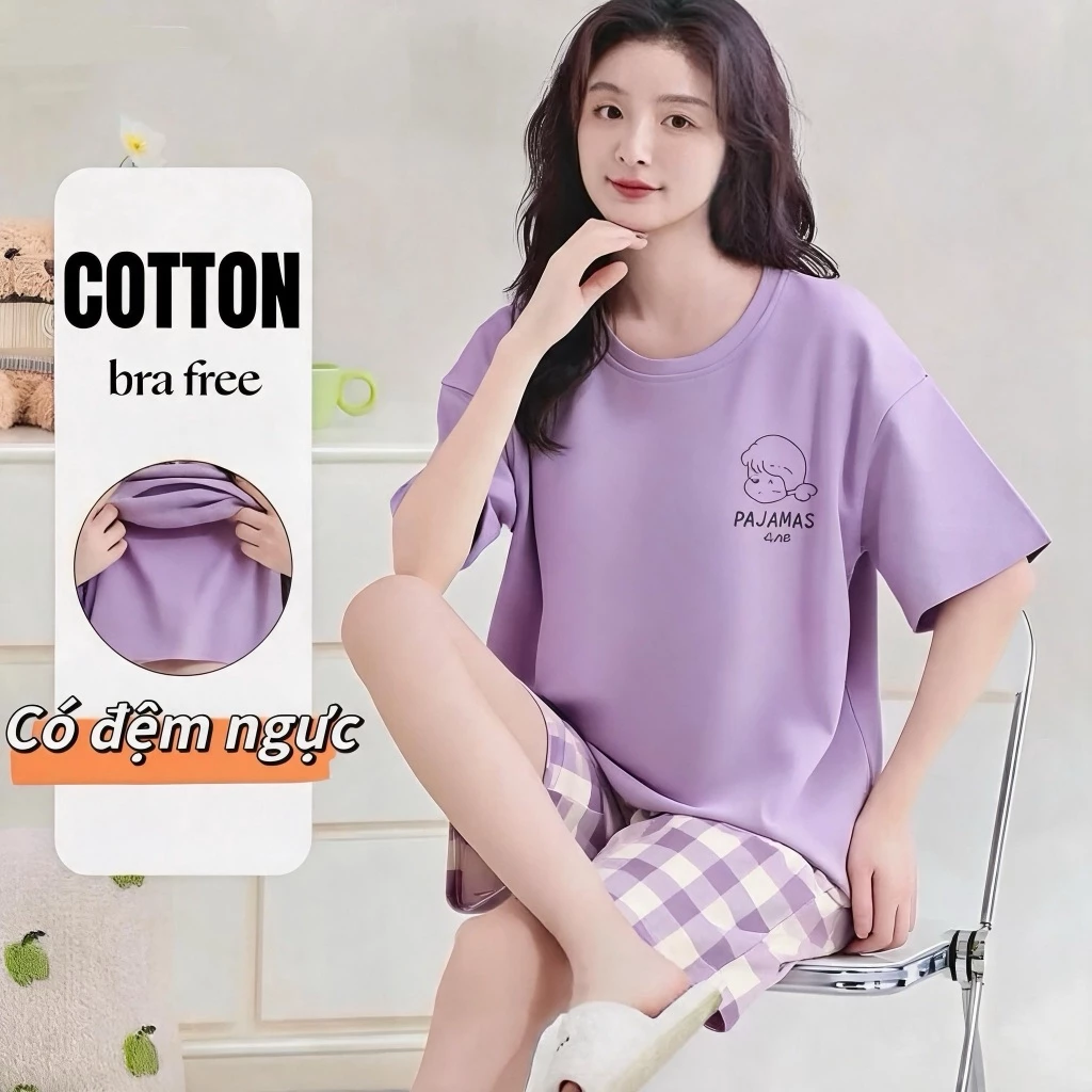 【COTTON CÓ MÚT NGỰC】Bộ đồ ngủ mặc nhà mùa hè bán chạy - Áo thun cổ tròn tay ngắn dáng rộng + quần đùi, thoáng khí, phối đồ dễ dàng
