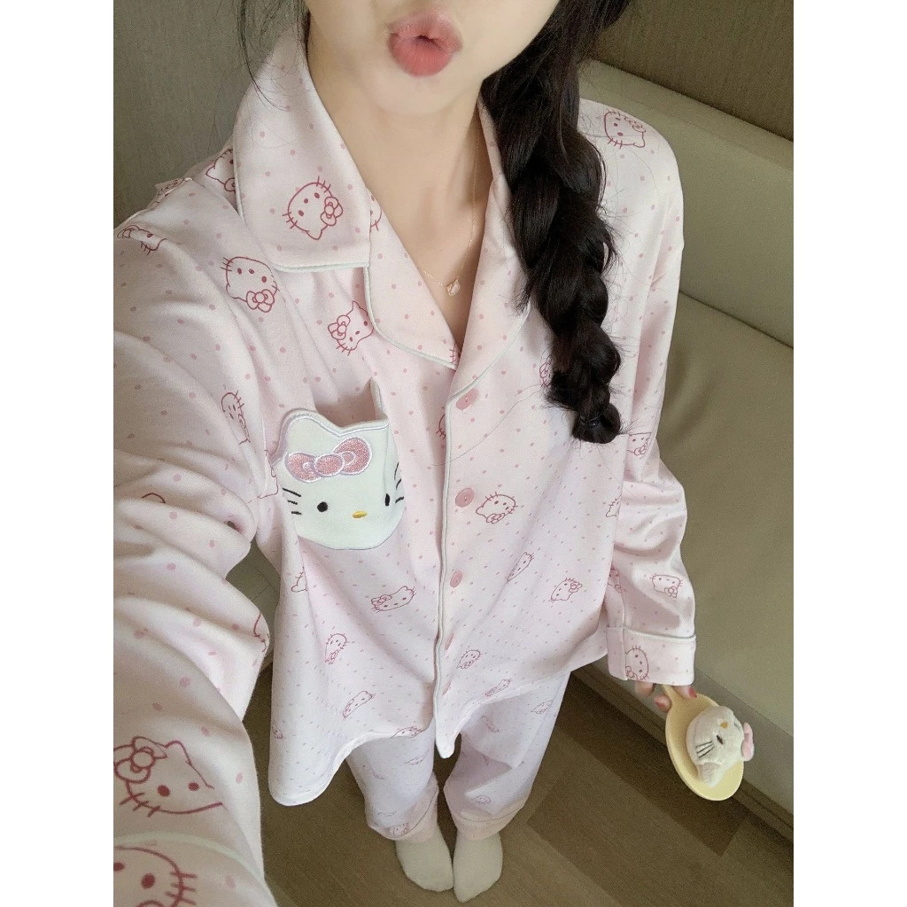 Bộ đồ ngủ mèo hoạt hình chấm bi màu hồng bộ quần dài tay dành cho nữ