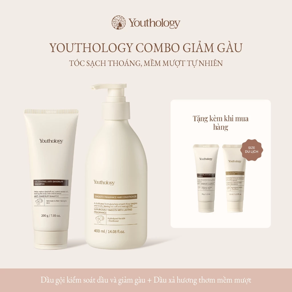 Youthology Bộ Dầu Gội Kiểm Soát Dầu & Ngừa Gàu + Dầu Xả Mềm Mượt | Phục Hồi Tóc Hư Tổn, Thơm Lâu