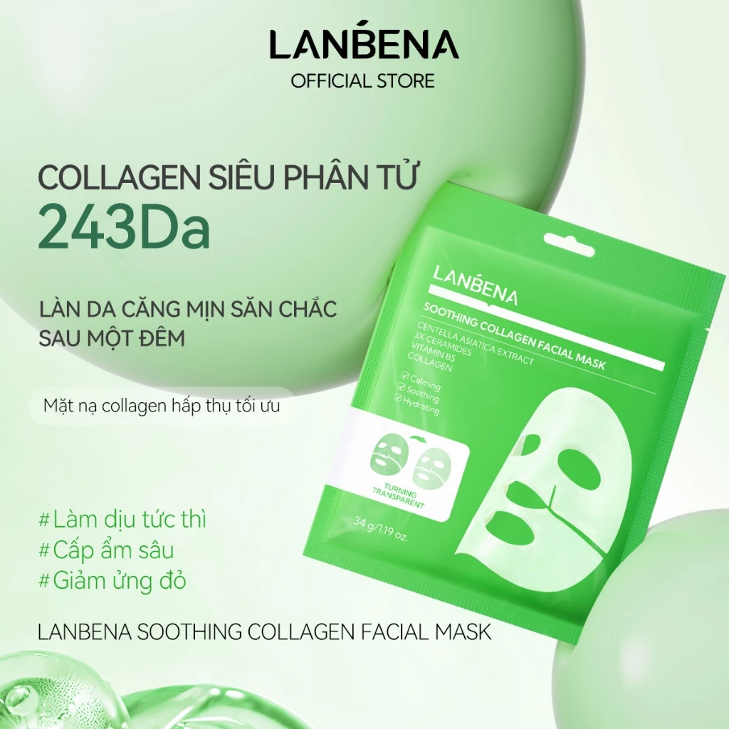 LANBENA Mặt nạ thạch collagen rau má hỗ trợ giảm mụn, giảm đỏ da, làm dịu, dưỡng ẩm, phục  hồi da, phù hợp với da nhạy cảm 34g