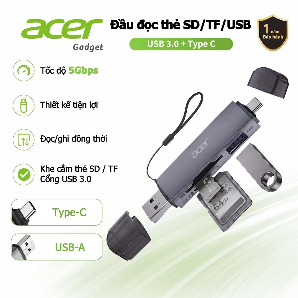 Acer Đầu đọc thẻ 2 trong 1 SD/TF OTG Type C USB-A Đọc đĩa U Bộ chuyển đổi thẻ nhớ SD / TF Đọc thiết bị USB cho điện thoại di động máy tính xách tay máy tính bảng máy tính để bàn và ảnh UC203
